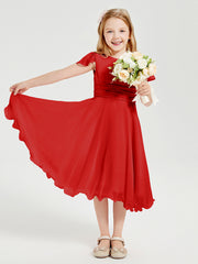 Chiffon Tea Length Junior Bridesmaid Dresses Red