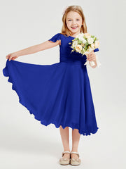 Chiffon Tea Length Junior Bridesmaid Dresses Royal Blue
