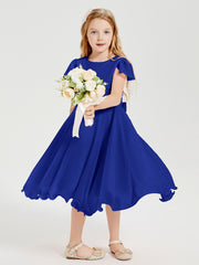 Chiffon Tea Length Junior Bridesmaid Dresses Royal Blue