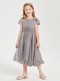 Chiffon Tea Length Junior Bridesmaid Dresses Silver