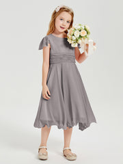Chiffon Tea Length Junior Bridesmaid Dresses Silver