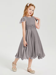 Chiffon Tea Length Junior Bridesmaid Dresses Silver