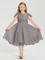 Chiffon Tea Length Junior Bridesmaid Dresses Silver