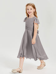Chiffon Tea Length Junior Bridesmaid Dresses Silver