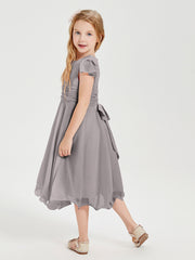 Chiffon Tea Length Junior Bridesmaid Dresses Silver
