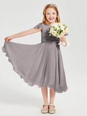 Chiffon Tea Length Junior Bridesmaid Dresses Silver