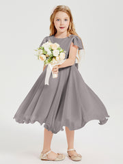 Chiffon Tea Length Junior Bridesmaid Dresses Silver