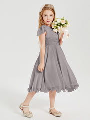 Chiffon Tea Length Junior Bridesmaid Dresses Silver