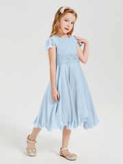 Chiffon Tea Length Junior Bridesmaid Dresses Sky Blue