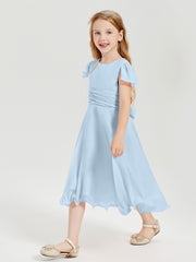 Chiffon Tea Length Junior Bridesmaid Dresses Sky Blue