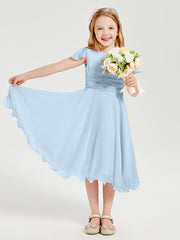 Chiffon Tea Length Junior Bridesmaid Dresses Sky Blue