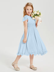 Chiffon Tea Length Junior Bridesmaid Dresses Sky Blue