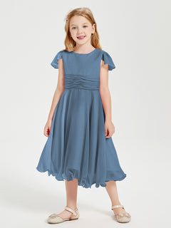 Chiffon Tea Length Junior Bridesmaid Dresses Slate Blue