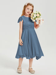 Chiffon Tea Length Junior Bridesmaid Dresses Slate Blue