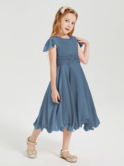 Chiffon Tea Length Junior Bridesmaid Dresses Slate Blue