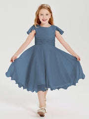 Chiffon Tea Length Junior Bridesmaid Dresses Slate Blue