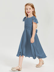 Chiffon Tea Length Junior Bridesmaid Dresses Slate Blue