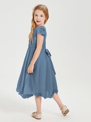 Chiffon Tea Length Junior Bridesmaid Dresses Slate Blue