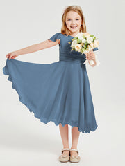 Chiffon Tea Length Junior Bridesmaid Dresses Slate Blue