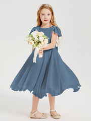 Chiffon Tea Length Junior Bridesmaid Dresses Slate Blue