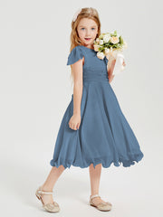 Chiffon Tea Length Junior Bridesmaid Dresses Slate Blue