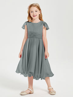 Chiffon Tea Length Junior Bridesmaid Dresses Steel Grey