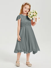 Chiffon Tea Length Junior Bridesmaid Dresses Steel Grey