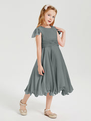 Chiffon Tea Length Junior Bridesmaid Dresses Steel Grey
