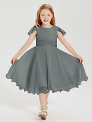 Chiffon Tea Length Junior Bridesmaid Dresses Steel Grey
