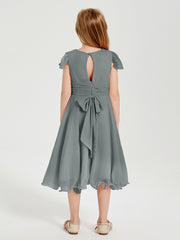 Chiffon Tea Length Junior Bridesmaid Dresses Steel Grey