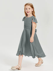 Chiffon Tea Length Junior Bridesmaid Dresses Steel Grey