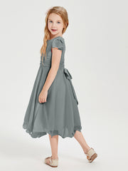 Chiffon Tea Length Junior Bridesmaid Dresses Steel Grey