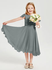 Chiffon Tea Length Junior Bridesmaid Dresses Steel Grey