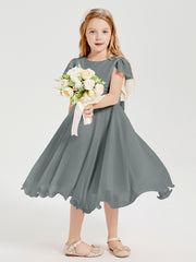 Chiffon Tea Length Junior Bridesmaid Dresses Steel Grey