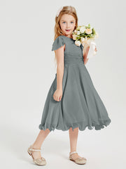 Chiffon Tea Length Junior Bridesmaid Dresses Steel Grey
