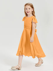 Chiffon Tea Length Junior Bridesmaid Dresses Tangerine