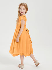 Chiffon Tea Length Junior Bridesmaid Dresses Tangerine