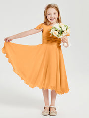 Chiffon Tea Length Junior Bridesmaid Dresses Tangerine