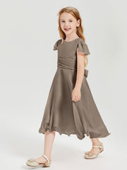 Chiffon Tea Length Junior Bridesmaid Dresses Taupe