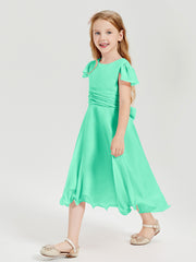 Chiffon Tea Length Junior Bridesmaid Dresses Turquoise