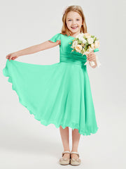 Chiffon Tea Length Junior Bridesmaid Dresses Turquoise