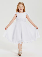 Chiffon Tea Length Junior Bridesmaid Dresses White