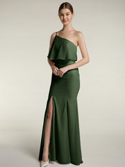 Mermaid Chiffon One Strap Dress with Slit Olive Green