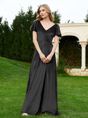 Flutter Sleeves V-Neck Velvet Dress With Slit Black Plus Size