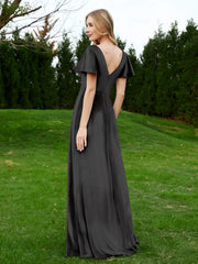 Flutter Sleeves V-Neck Velvet Dress With Slit Black Plus Size