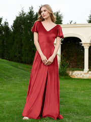 Flutter Sleeves V-Neck Velvet Dress With Slit Burgundy Plus Size