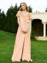 Flutter Sleeves V-Neck Velvet Dress With Slit Champagne Plus Size