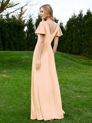 Flutter Sleeves V-Neck Velvet Dress With Slit Champagne Plus Size