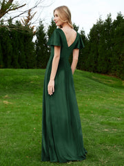 Flutter Sleeves V-Neck Velvet Dress With Slit Dark Green