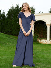Flutter Sleeves V-Neck Velvet Dress With Slit Dark Navy Plus Size
